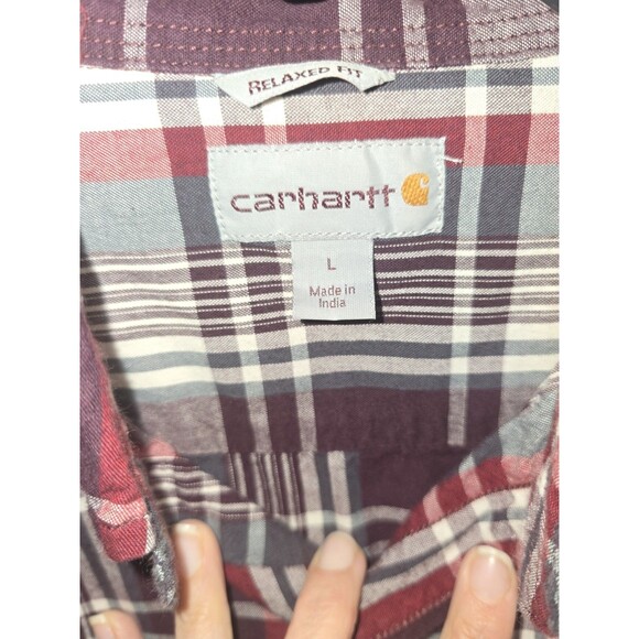 Carhartt Men’s L Plaid Short Sleeve Button Down Shirt Burgundy Gray Workwear - Picture 4 of 16